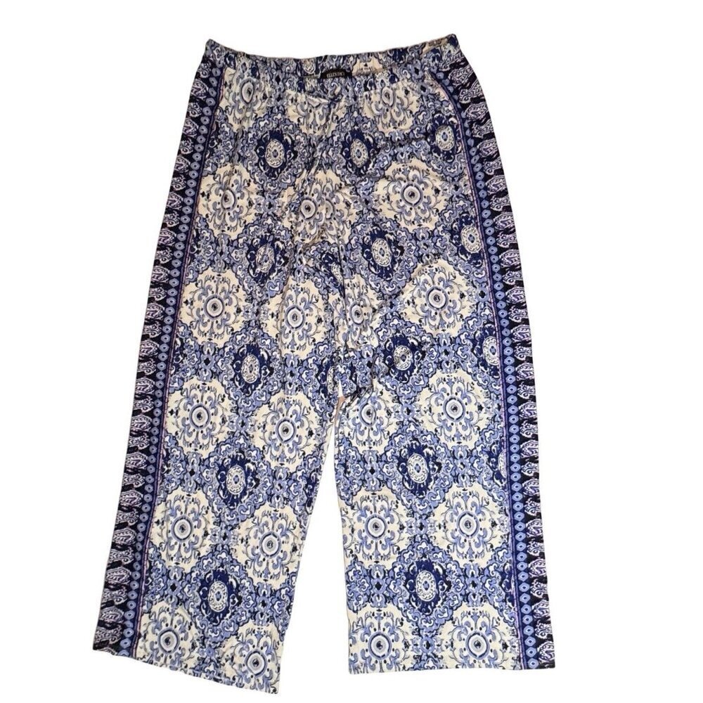 ELLEN TRACY Palazzo Lounge Pants Women Large Blue White Geometric Boho Chic Hip‎